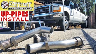 2001 F350 73  RiffRaff UpPipes Install  Stock up pipes leaking and falling apart JUNK SP [upl. by Gessner]